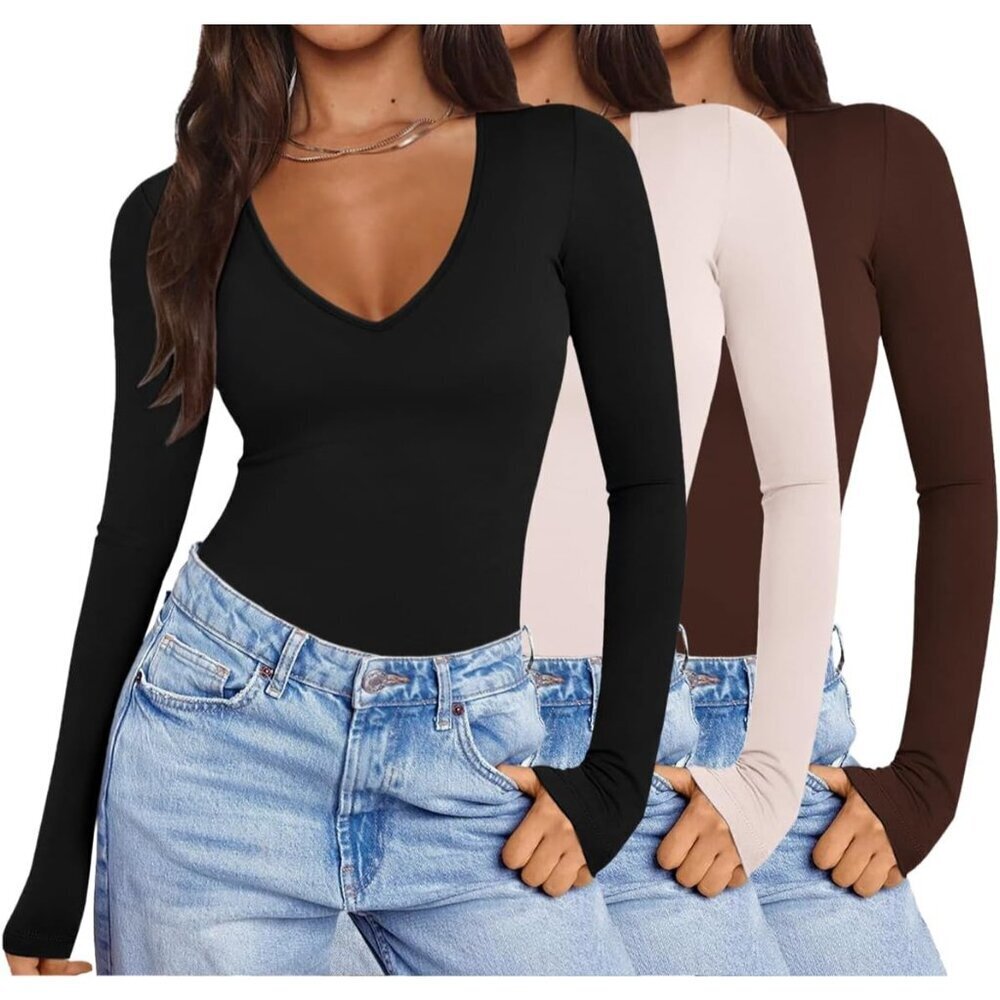 Women Deep V Neck Long Sleeve Top Slim Fit Breathable Shirt Casual Wear